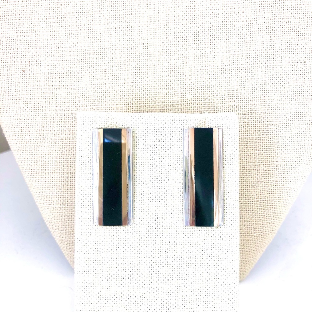 Sterling Silver with 14 KT Gold and Onyx Bar Earrings